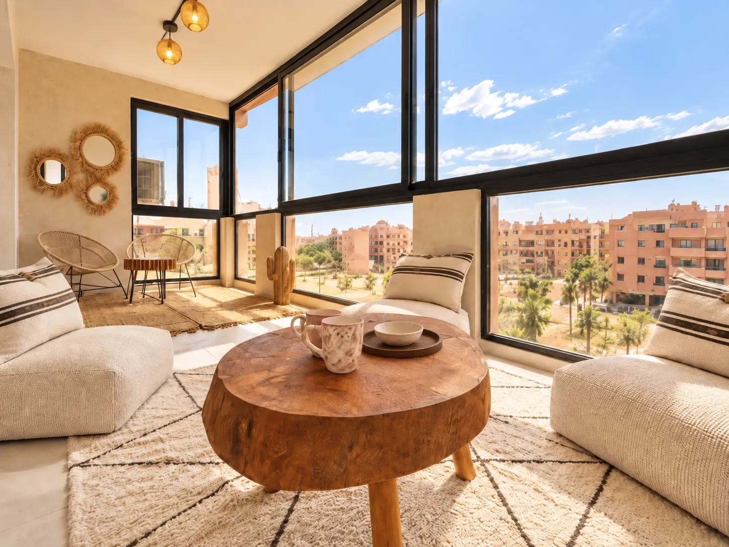 Salon lumineux avec baies vitrées et mobilier naturel dans un appartement géré par Nomad Living à Marrakech