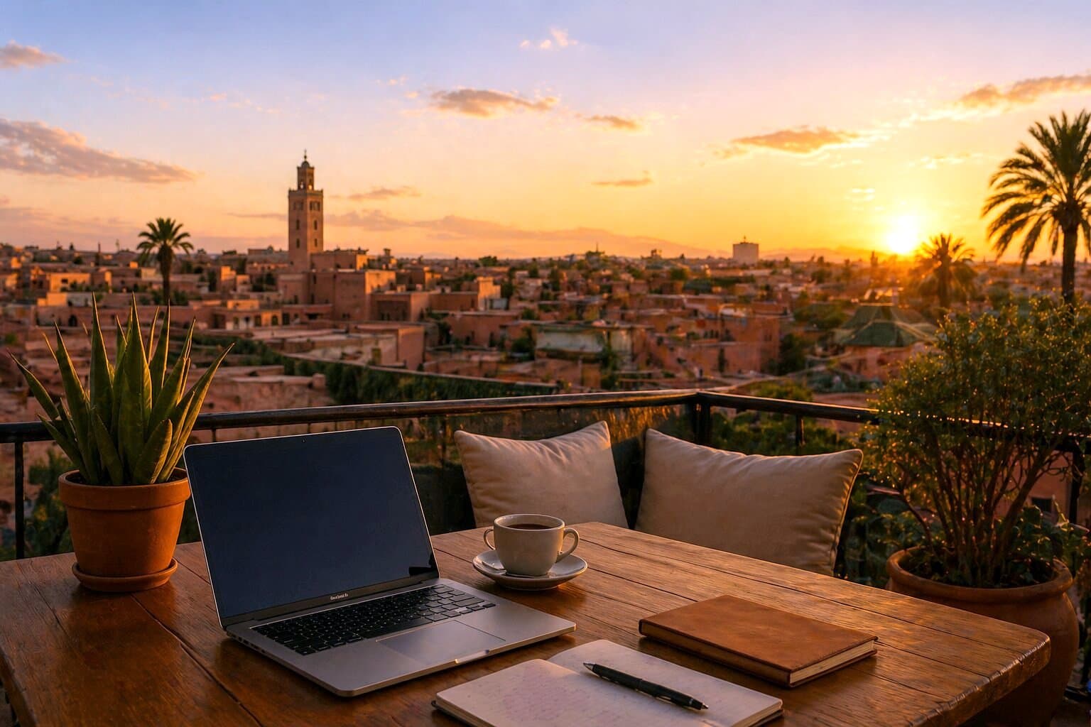 Marrakech skyline and Koutoubia viewed from a rooftop at sunset