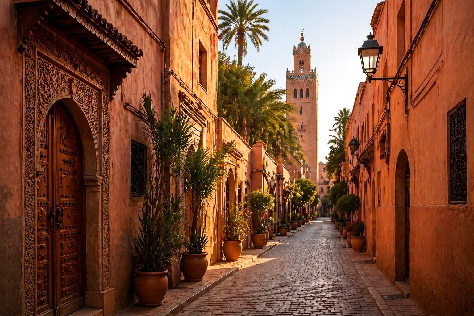Marrakech medina street with a view toward the Koutoubia
